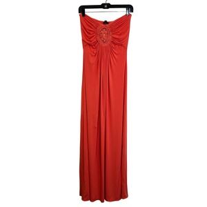 Sky Brand Strapless Maxi Dress Size L Coral Orange Crochet Medallion Y2K Boho